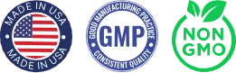 Made in USA, GMP, Non-GMO badges
